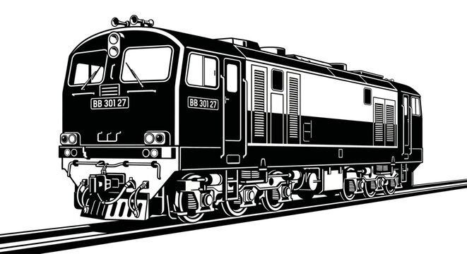 Vintage Diesel Locomotive BB 301 Vector Illustration Black and White