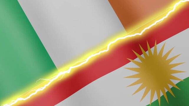 Two waving flags Ireland and Kurdistan with diagonal lightning seamless, 4k loop