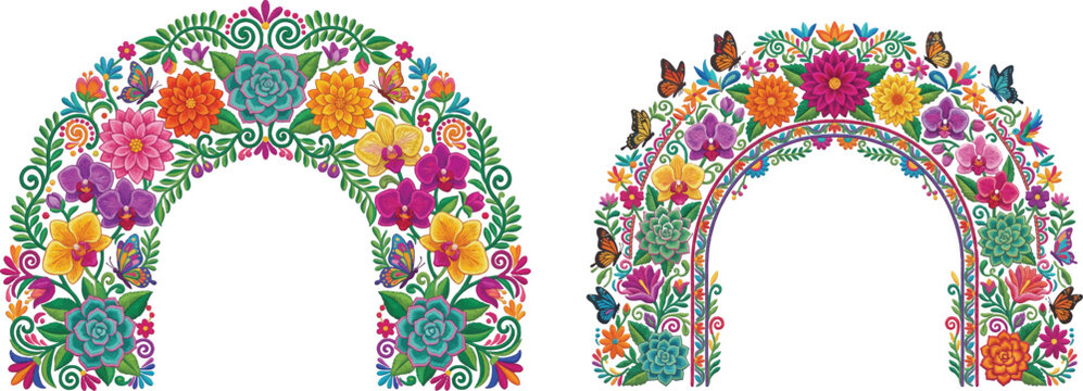 Mexican floral arch frames. Traditional folk art style colorful flower borders.