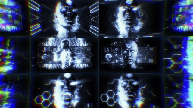 A looping background sequence of digital data style details featuring an AI avatar theme, depicting various concepts including false constructs, AI control and surveillance.