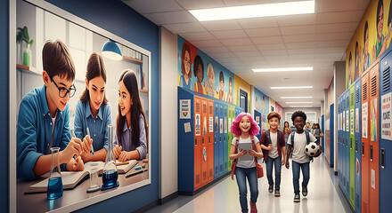 Fototapeta premium Diverse elementary students walking through bright colorful school hallway past large wall mural