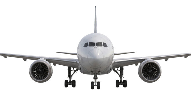 Front view of a modern commercial airplane with engines and landing gear visible