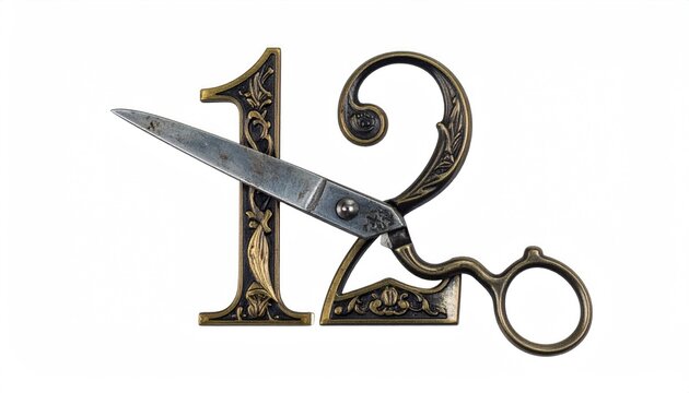 Ornate Vintage Scissors on Decorative Number Twelve with Intricate Pattern