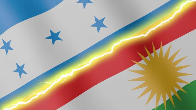 Two waving flags Honduras and Kurdistan with diagonal lightning seamless, 4k loop