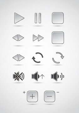 Sleek vector icons: Modern playback controls rendered with subtle gradients.