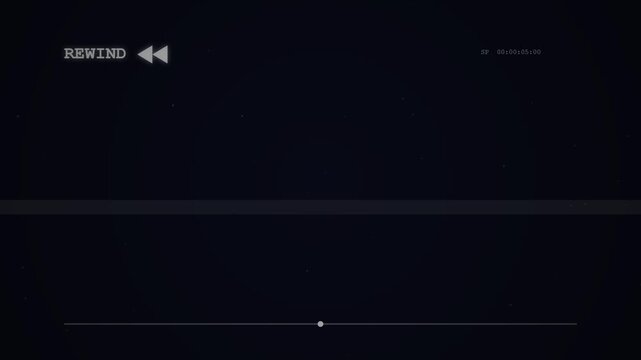 Retro VHS screen overlay with static noise, glitch effect, rewind and play icons, and timeline