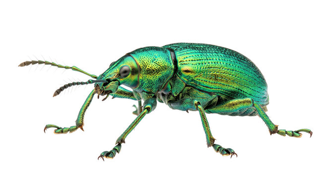 Iridescent green weevil beetle with intricate textures and long antennae