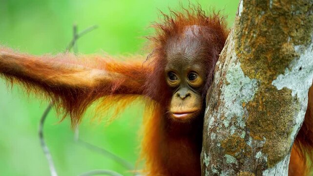 Young orangutan sitting on tree branch in lush rainforest looking at camera with curious eyes high resolution.