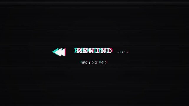 Retro rewind button animation with glitch effect, digital text and timer on a dark textured background, nostalgic media playback