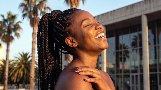 Joyful woman with braided hair laughing freely under sunset light near palm trees