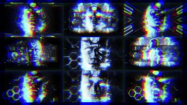 A looping background sequence of digital data style details featuring an AI avatar theme, depicting various concepts including false constructs, AI control and surveillance.