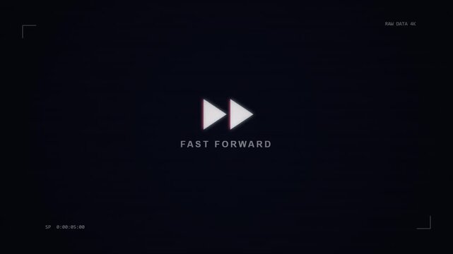 Fast forward button icon with glitch effect overlay on dark textured background, representing speed and digital transition