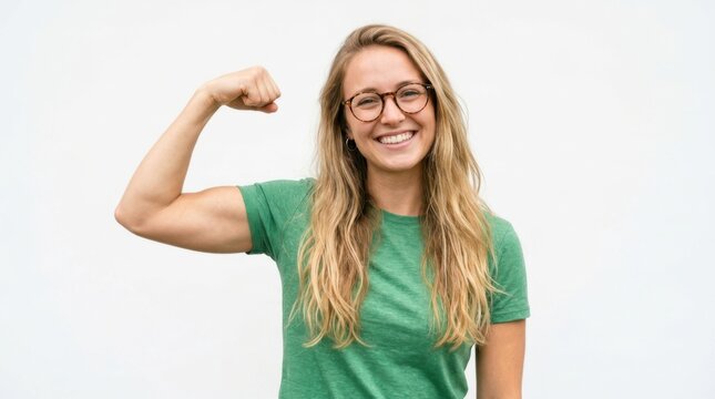 Happy young woman with glasses wearing a green shirt flexing her arm muscle to show strength isolated on white background
