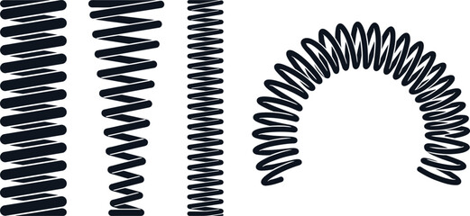 Naklejka premium Black metal spiral springs, compression coils, flexible wire hardware icons isolated on white background, industrial element graphic illustration