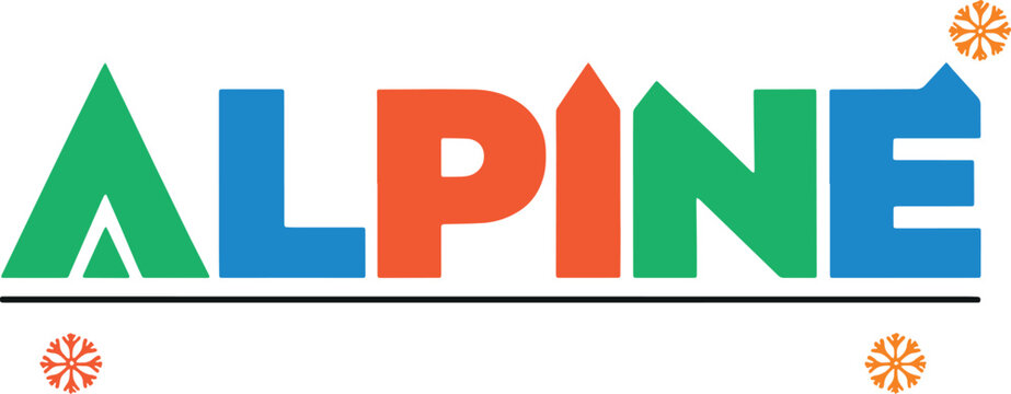 Alpine text logo in bold colorful letters with green orange and blue hues representing mountains and nature with playful snowflake accents perfect for winter events.
