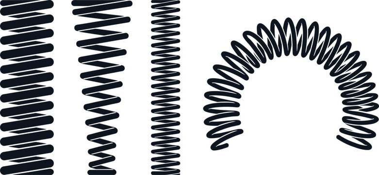 Black metal spiral springs, compression coils, flexible wire hardware icons isolated on white background, industrial element graphic illustration