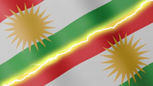 Two waving flags Kurdistan and Kurdistan with diagonal lightning seamless, 4k loop