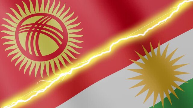 Two waving flags Kyrgyzstan and Kurdistan with diagonal lightning seamless, 4k loop