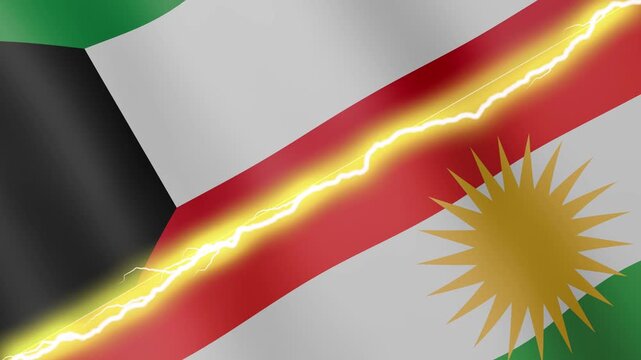 Two waving flags Kuwait and Kurdistan with diagonal lightning seamless, 4k loop