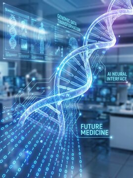 Futuristic DNA helix transforming into AI digital network. Genetic data visualization merging with advanced medical technology for precision health...