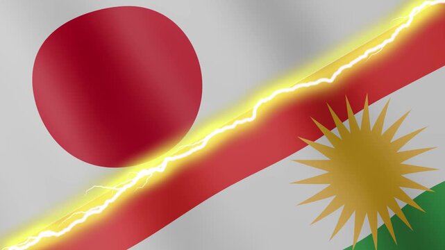 Two waving flags Japan and Kurdistan with diagonal lightning seamless, 4k loop