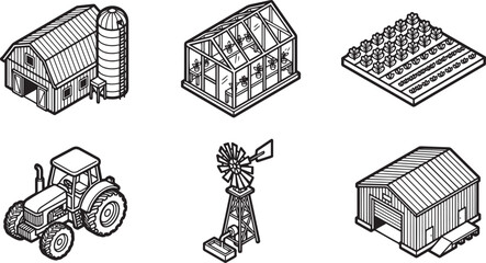 Professional Modern Isometric Agriculture Farm Barn Silo Greenhouse Crop Field Tractor Windmill and Storage Shed Line Icons Set for Farming and Rural Industry Graphics © rofikgraph24