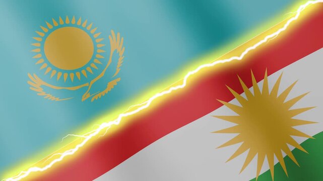Two waving flags Kazakhstan and Kurdistan with diagonal lightning seamless, 4k loop