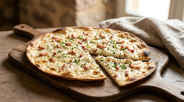 Freshly baked traditional flammkuchen or tarte flambee with bacon, onions, and herbs on a rustic wooden board close-up