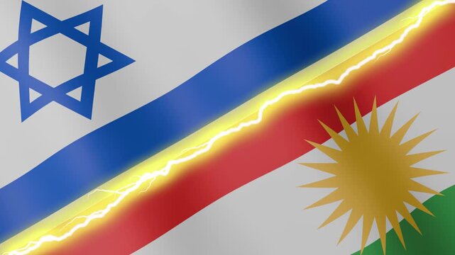 Two waving flags Israel and Kurdistan with diagonal lightning seamless, 4k loop