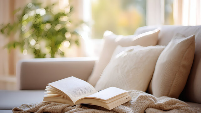 Open book on cozy sofa with soft pillows and knitted blanket in bright living room. Warm home atmosphere and relaxation. Sunlight and green plant in background.