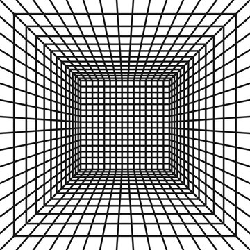 Black square wireframe in perspective on white background. Quadrangular room or portal grid texture in futuristic style. 3D cage structure. Metaverse space. Vector graphic illustration