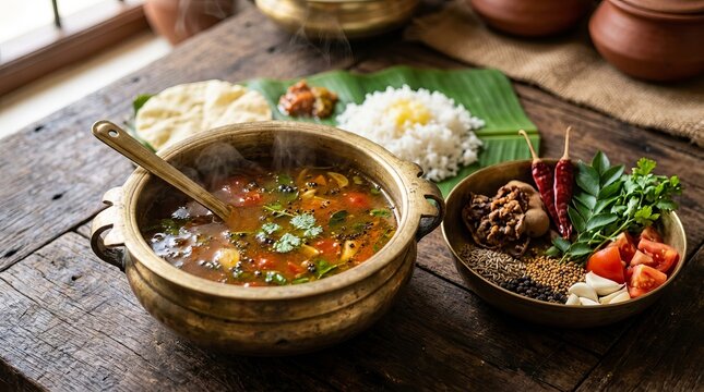 Steaming hot traditional South Indian curry served with rice and accompaniments on a rustic wooden table