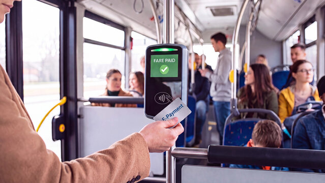 Contactless payment concept for public transport fare validation cashless commuting and digital ticketing technology in urban bus transit and mobility system