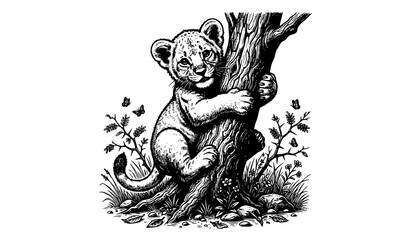Playful Lion Cub Embracing Tree Trunk Dark Monochrome Wildlife Engraving Vector © Tuzmmal