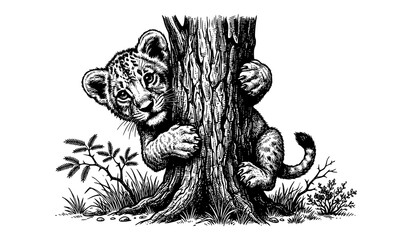 Adorable Lion Cub Clinging to Tree Trunk Dark Engraved Safari Vector Illustration © Tuzmmal
