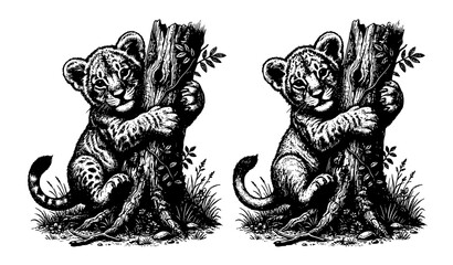 Lion Cub (Panthera leo) Hugging Tree Trunk Dark Vintage Wildlife Vector Illustration © Tuzmmal