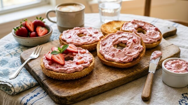 Delicious strawberry cream cheese spread on toasted bagels with fresh berries and coffee.