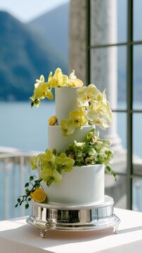 Luxury White Wedding Cake With Orchids At Lake Como Villa