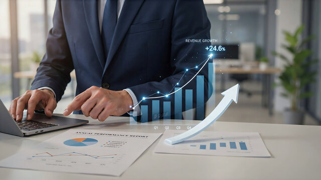 Professional businessman analyzing annual performance reports with a floating digital bar graph and rising 3D arrow, created with generative ai.