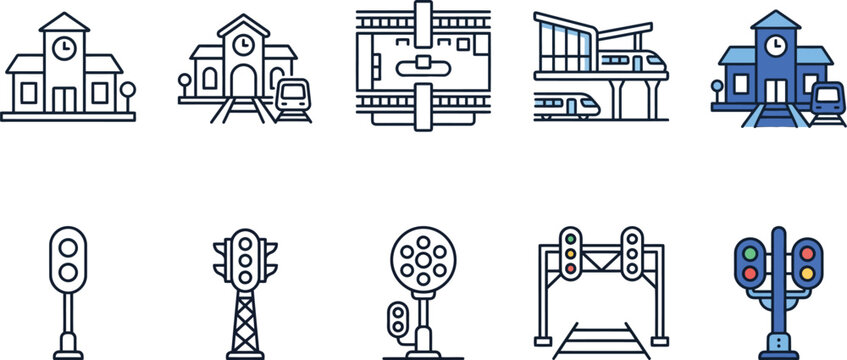 Professional vector illustration set featuring various railway station architecture designs and colorful traffic signal light icons for modern transportation infrastructure