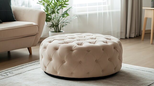 Beige tufted round ottoman on rug in living room.