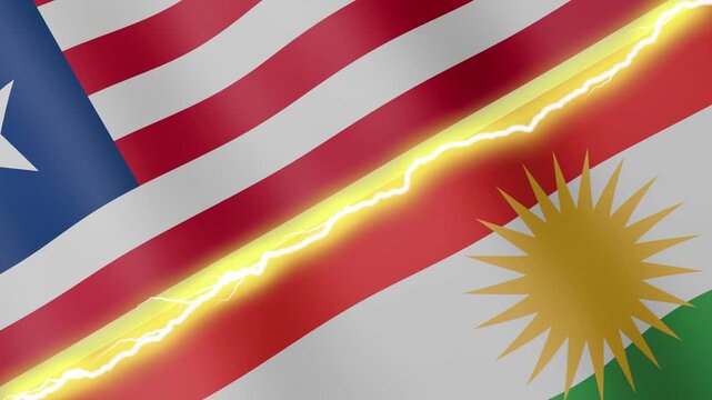Two waving flags Liberia and Kurdistan with diagonal lightning seamless, 4k loop