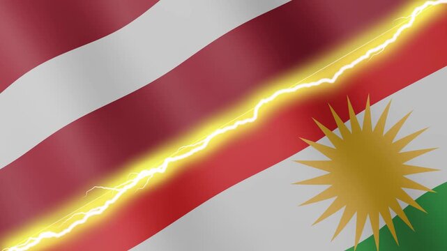 Two waving flags Latvia and Kurdistan with diagonal lightning seamless, 4k loop