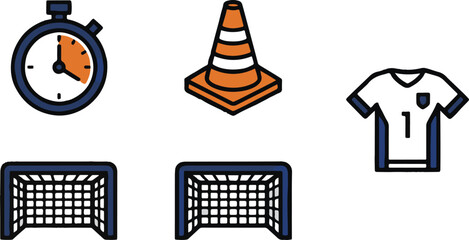 Obraz premium Professional Modern Football Soccer Match Timer Training Cone Team Jersey Goalkeeper Jersey and Soccer Goal Post Line Icons Set for Sports Graphics