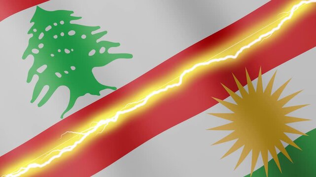 Two waving flags Lebanon and Kurdistan with diagonal lightning seamless, 4k loop