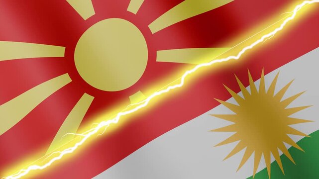 Two waving flags Northern Macedonia and Kurdistan with diagonal lightning seamless, 4k loop