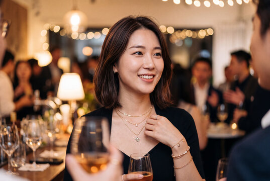 Young woman smiling at an elegant evening cocktail party with necklaces for lifestyle event portrait and social gathering banner