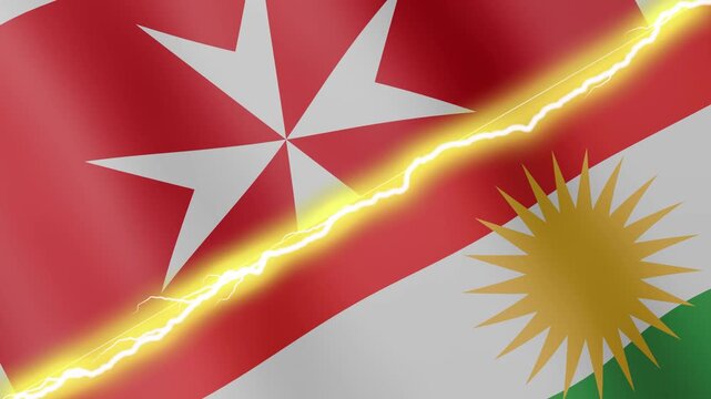 Two waving flags Malta and Kurdistan with diagonal lightning seamless, 4k loop