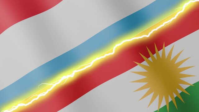 Two waving flags Luxembourg and Kurdistan with diagonal lightning seamless, 4k loop