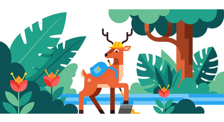 Fototapeta premium Deer with backpack and helmet in forest
